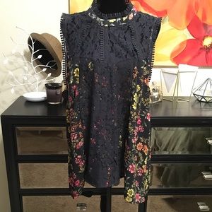 Brand New Black Floral Lace-trim Mock Neck Top